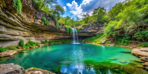 Fototapeta premium Beautiful natural turquoise pool formed by a collapsed grotto with lush greenery and waterfall in Travis County, Texas