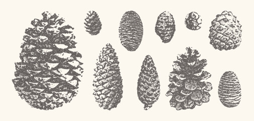 Pine cones set. Christmas stippling photocopy illustration