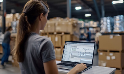 woman manages inventory on laptop in warehouse, role of technology and analytics in streamlining logistics, shipping, and stock control in modern industrial settings
