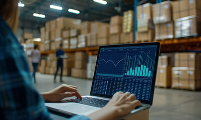 woman manages inventory on laptop in warehouse, role of technology and analytics in streamlining logistics, shipping, and stock control in modern industrial settings
