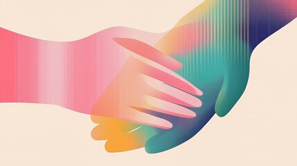 Obraz premium A fantasy illustration featuring two hands reaching towards each other with a vibrant gradient overlay. The warm and cool color tones blend seamlessly, symbolizing connection, support, and unity.