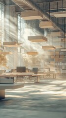 Spacious open office with abundant natural light, modern furniture, wooden accents, and indoor plants creating a serene work environment.