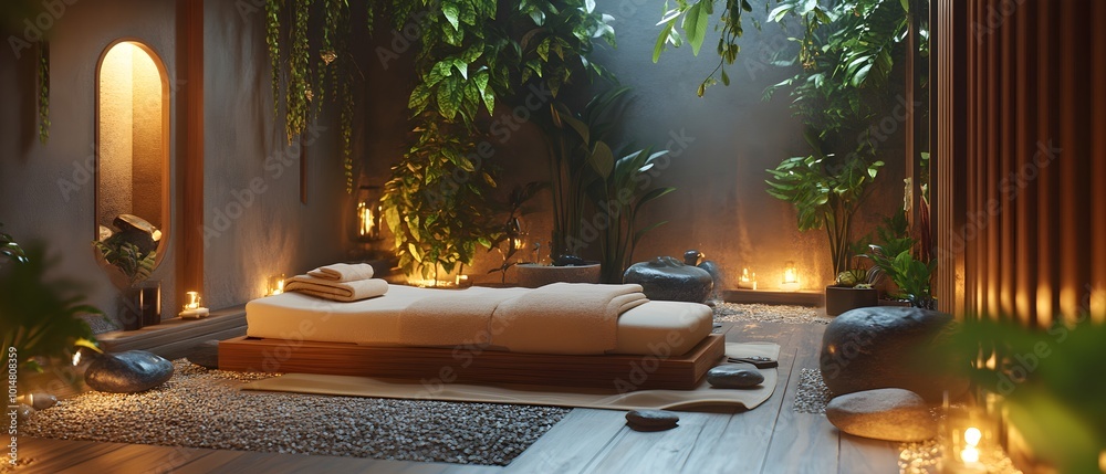 Poster serene healing space with natural elements and soft lighting