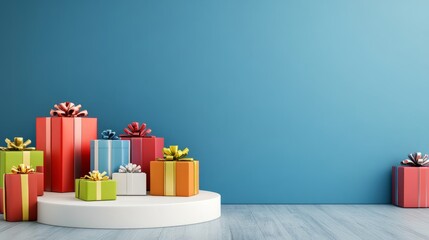 Festive background with colorful gift boxes and a white podium against a blue wall, ample empty space for advertising text