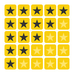 Ratting black stars in rounded yellow square icon set, all combinations, isolated on a cut out PNG transparent background