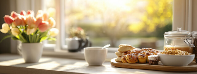 Charming Breakfast Setup with Nutritious Snacks Highlighted by Gentle Morning Sunlight