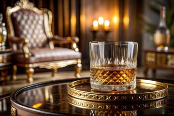 Obraz premium Luxurious whiskey setting with glass on gold tray