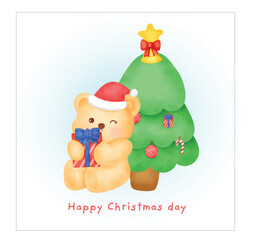 Christmas greeting card with cute bear in watercolor style.