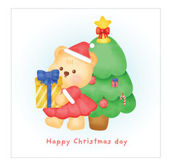 Christmas greeting card with cute bear in watercolor style.