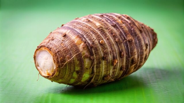 Closeup of taro root vegetable, eddo malanga, on green background, taro, root vegetable, eddo, malanga, purple, organic