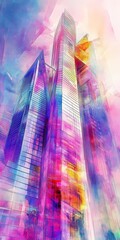 Futuristic skyscraper depicted in a watercolor painting, blending neon colors and soft, abstract shapes.
