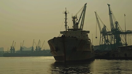 Fototapeta premium A large cargo ship anchored in the harbor, surrounded by empty docks and cranes, symbolizing a port strike. The ship's deck is visible with no activity, emphasizing the halt in operations. The scene i