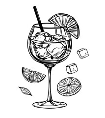 Aperol Spritz cocktail, glass with alcoholic drink, sketch, hand drawn illustration vector