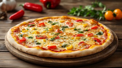 Quattro Formaggi pizza with bubbling cheese, isolated on white, colorful ingredients like bell peppers and fresh herbs on a rustic wooden table