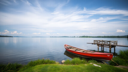 Fototapeta premium Wooden boat on the pier on the background of the lake. Concept: outdoor recreation. AI generated image, ai.