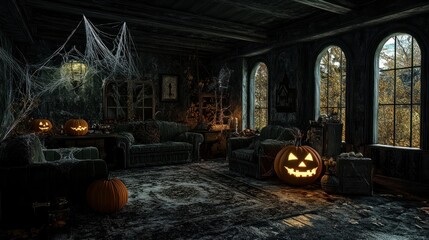 Obraz premium Dark interior of house decorated for Halloween pumpkins, webs and spiders
