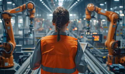 emale engineer stands in high-tech factory, woman checking tablet to oversee operations, person inspecting modern industrial automation and quality control processes maintenance