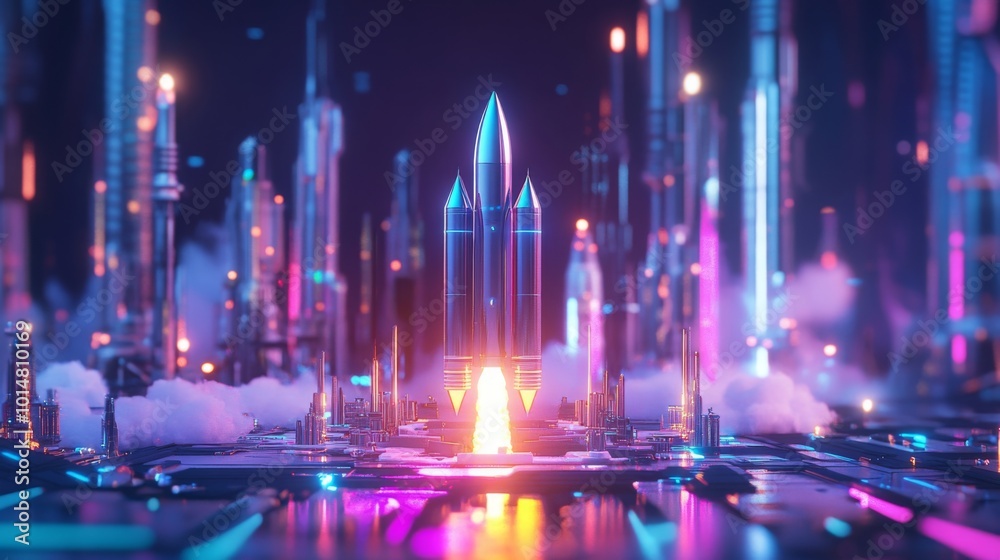 Poster a sleek rocket lifts off from a high-tech platform in a dazzling cityscape filled with colorful ligh