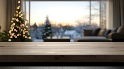 Empty woooden table top with abstract warm living room decor with christmas tree string light blur background with snow,Holiday backdrop,Mock up banner for display of advertise product.