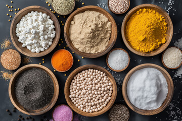 A collection of spices and powders is artistically arranged in wooden bowls, highlighting vibrant colors and textures, perfect for a culinary ambiance