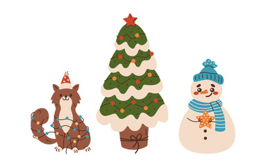 Cat near decorated Christmas tree and snowman flat color vector objects set. Happy winter holiday celebration symbols illustrations on white
