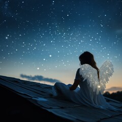 Woman on Roof with Angel Wings