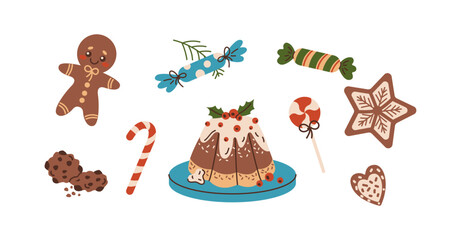 Festive Christmas sweets and treats flat color vector objects set. Traditional sugar treats prepared for winter holidays illustrations on white