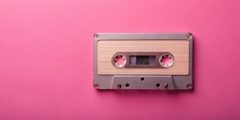 Fototapeta premium Retro audio cassette tape on pink background. Vintage music technology, retro,pink, background, vintage, music