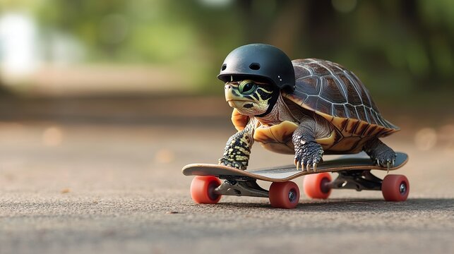 A pet turtle trying to skateboard, with a tiny helmet and knee pads, looking both serious and ridiculous