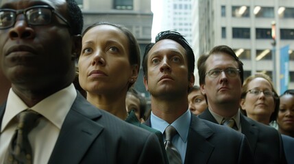Fototapeta premium A close-up of a diverse group of professionals in business attire, standing in a modern office lobby, symbolizing the dynamic nature of the labor market. The focus is on their confident expressions an