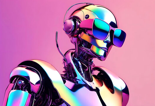 Futuristic Robot with Colorful Reflections and Stylish Sunglasses in a Vibrant Neon Atmosphere