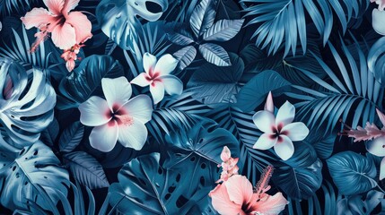 A blue and white floral pattern on the fabric of shorts, a tropical flower print in navy with pink accents