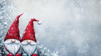 Gnomes, Silver Background, Snowflakes, Copy Space