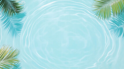 Top view of a blue calm and clear calm water surface, water texture with ripples and shadow of palm leafs, Zen and relaxing background, summer concept.