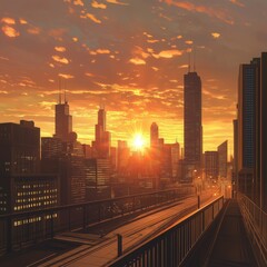 City Skyline at Sunset with Skyscrapers and Modern Railing in Foreground