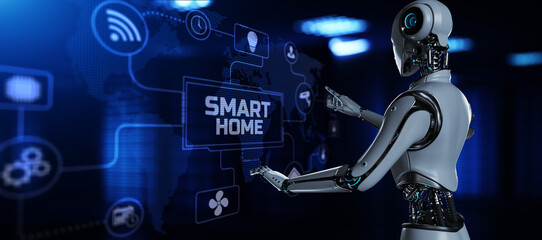 Smart home automation technology. Robot pressing button on screen 3d render.