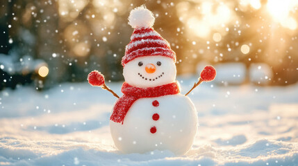 Humorous snowman adorned with a fashionable hat and red scarf, set against a snowy landscape, celebrating Christmas and the New Year.