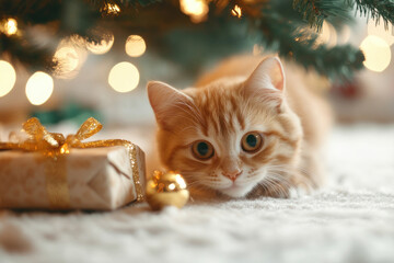 Ginger Cat Joyfully Engaged with Garland and Gift Box Beneath Festive Christmas Tree, Celebrating the Holiday Spirit