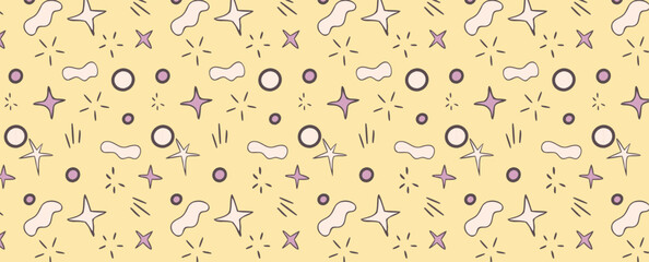 Cute seamless pattern with simple sun, star and rays. Abstract bohemian baby seamless pattern. Soft color surface design for baby fabric and nursery decor. Gender neutral design. Vector illustration