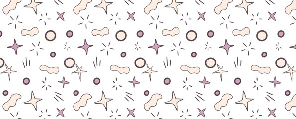 Cute seamless pattern with simple sun, star and rays. Abstract bohemian baby seamless pattern. Soft color surface design for baby fabric and nursery decor. Gender neutral design. Vector illustration