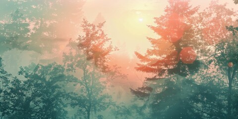 A forest with trees and a sun shining through the trees