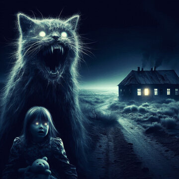 Child and cat in creepy night forest. Horror halloween  background.