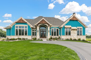 Exterior rendering of a home with vibrant cyan accents, traditional style, featuring limestone and walnut details, wide windows, beige roof trim, a stamped asphalt driveway, and rich green grass
