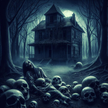 Scary skull  haunted house in creepy night forest. Horror halloween  background.