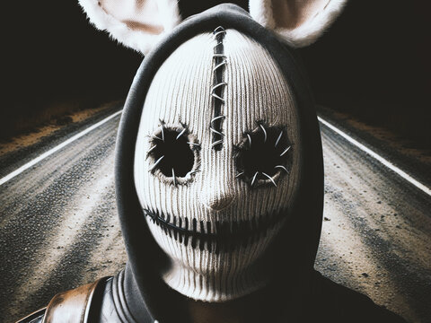 Man wearing a thin ski mask with jagged cut out eye holes creepy character. /Horror halloween  background.