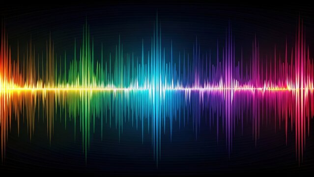 Colorful music sound waves and earthquake seismogram with wiggly lines on dark background, vibrant, music