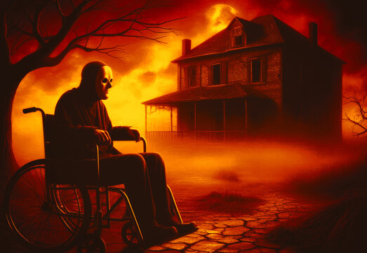 Creepy character   Inside view of haunted house man wearing a thin ski mask with jagged cut out eye holes in creepy night forest. /Horror halloween  background.