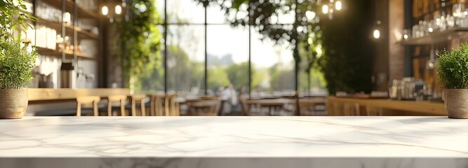 Obraz premium 5. **Contemporary Elegance:** Capture the essence of a modern cafe with an empty white marble stone table top, surrounded by tasteful decor and a blurred backdrop. This inviting scene is perfect for