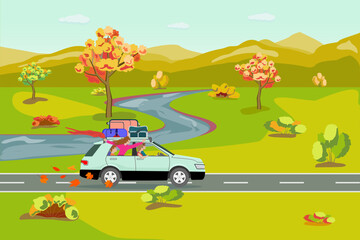 Fototapeta premium a family with children travels by car in the autumn season, along the highway against the backdrop of a plain, river, and mountains. On the trunk of the car there is a suitcase, a sports bag, a tent.