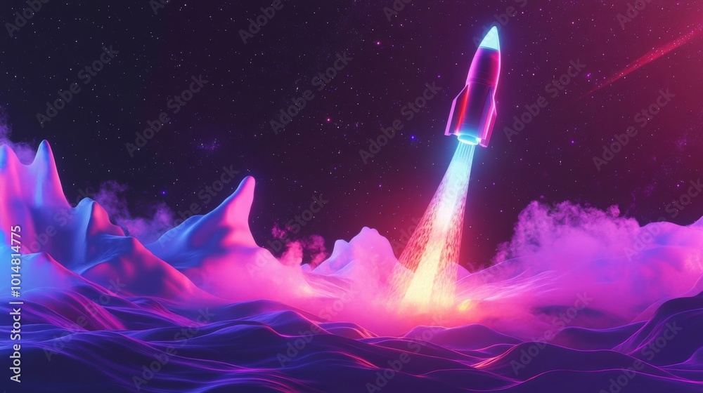 Aufkleber A futuristic rocket ascends boldly from a colorful ocean scene, surrounded by ethereal waves and a starry night sky. Pulsating colors create a mesmerizing visual as it soars into the unknown.